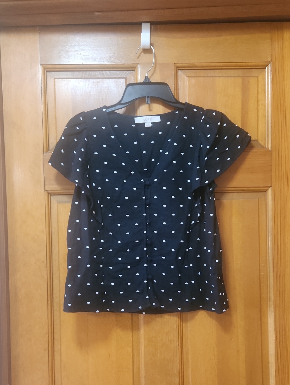 LOFT Black/White Polka Dot Short Sleeve Top, Women's Size XS, V-Neck, GUC